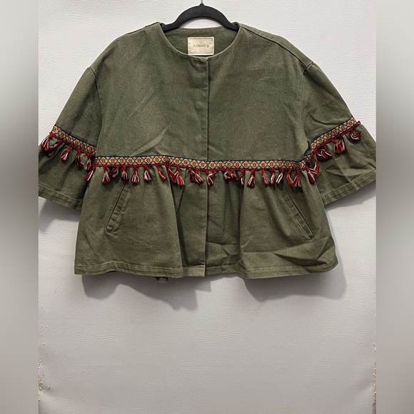 Achielry Jackets & Blazers - Olive Green Tassel Trim Oversized Boho Aztec Jean Jacket Large